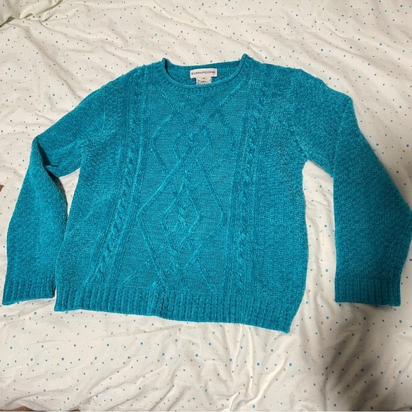 Vintage Evan Picone Chenille Cable Knit Teal Blue Sweater - Picture 6 of 12